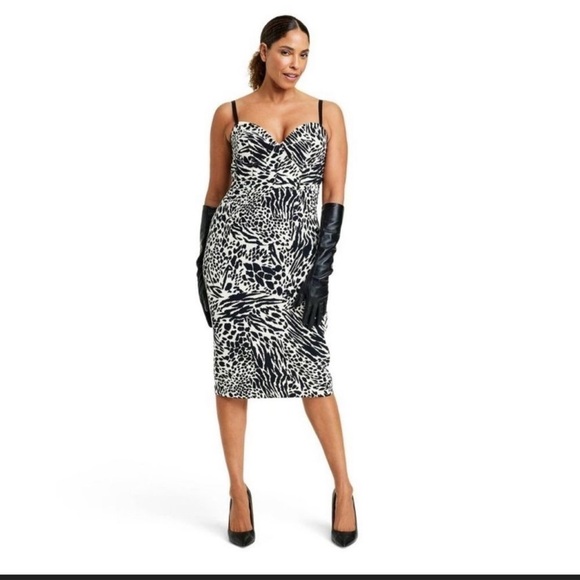 Sergio Hudson Women's Animal Print Bustier Midi dress NWT  Black/White 2X - Picture 2 of 10